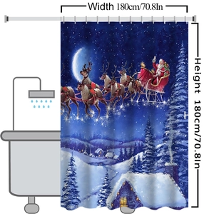 Christmas shower curtain showing Santa in reindeer sleigh over village, 180x180cm size