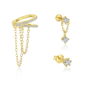 S925 sterling silver gold earrings set with zircon tassels and double chain studs