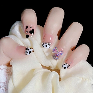 Press On Nails Cow Print 3D Laser Bow Rhinestone Heart French Short Square Sweet Fashion Manicure For Women