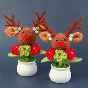 Handmade Crochet Reindeer Potted Plant Ornament Wool Knitted Christmas Flower White Ceramic Pot Desktop Decoration