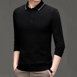 Schwarzer Strick-Polopullover für Herren mit klassischem Kragen und Langarm für Business-Casual