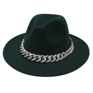 Deep green wide brim wool fedora hat with sparkling rhinestone chunky Cuban chain strap
