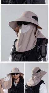 Detail view of khaki sun hat featuring breathable mesh panels and removable face cover