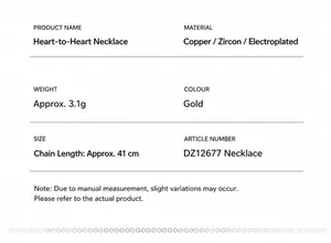 Detailed size and material chart for gold-plated zircon heart pendant necklace