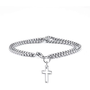 Men's double layer stainless steel chain bracelet with hollow cross pendant on white background