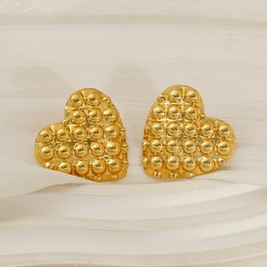 Textured 18K gold plated heart stud earrings with 3D bubble surface on soft fabric