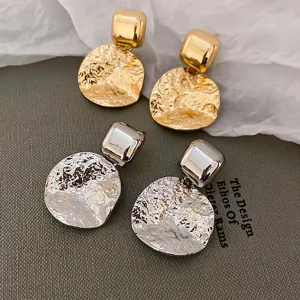 Minimalist square and round hammered metal drop earrings in gold and silver finish