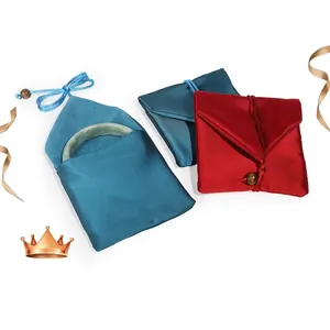 Retro Jewelry Pouch Bag Satin Velvet Drawstring For Bracelet Necklace Jewelry Storage With Wooden Bead