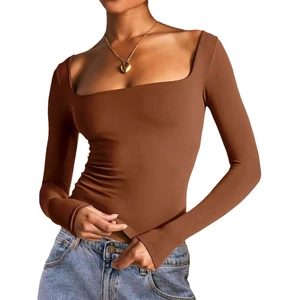 Women solid brown long sleeve crop top with square neck and slim fit elastic fabric