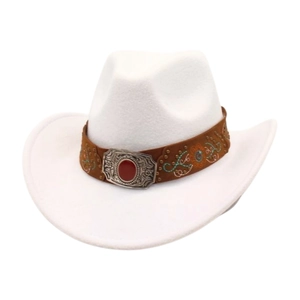 Western Cowboy Hat Polyester Felt Wide Brim Retro Ethnic Style With Red Gemstone Metal Buckle For Women Outdoor Travel
