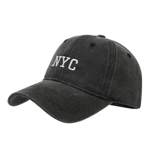 Vintage washed dark grey baseball cap featuring white NYC embroidery in a classic 45-degree view