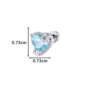 Light blue heart zircon and star cartilage earring stud in silver finish, 0.73cm size