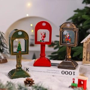 Three vintage Christmas mailbox street lamps with Santa and music box lighting decor