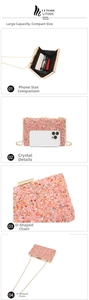 Pochette de soirée en cristal rose avec chaîne dorée montrant l'espace intérieur