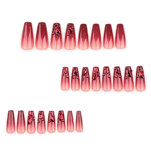 Sparkling gradient red coffin fake nails set with rhinestones for Halloween