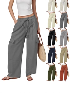 Women Cotton Linen Wide Leg Cargo Pants High Waist Drawstring Loose Fit Casual Trousers With Large Pockets