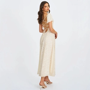 Robe En Dentelle Élégante À Col Carré Manches Bouffantes Dos Nu À Lacets Coupe En A Robe Mi-Longue Pour Femme Blanc