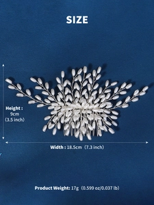 Detailed dimensions of bridal hair comb showing 18.5cm width and 9cm height with pearls