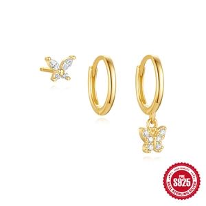 Classic S925 sterling silver golden butterfly earring set with zircon crystal accents