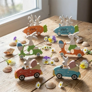 Handcrafted Easter wooden bunny decorations featuring rabbits driving colorful carrot cars