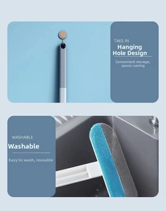 Detail showing hanging hole design and washable fiber brush head for easy pet hair cleaning