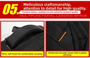 Close-up of padded foam handle and reinforced stitching on the black travel backpack