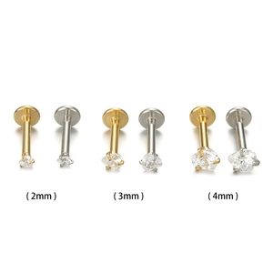Titanium steel labret stud with zircon stones in gold and silver, sizes 2mm to 4mm