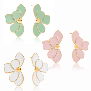 Sweet 18K gold plated stainless steel floral earrings with colorful enamel petals
