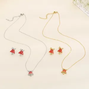 Stainless Steel Christmas Reindeer Bell Necklace Earrings Enamel Rhinestone Festive Holiday Jewelry For Women