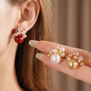 Luxury gold plated floral pearl stud earrings with zircon accents for a vintage French look