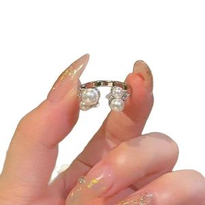 French style silver open ring with pearls and zircon flower, elegant fashion jewelry