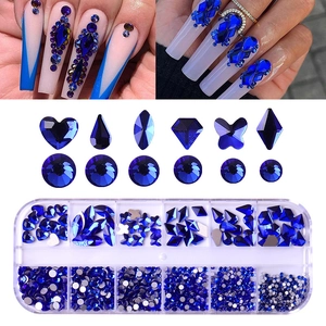 Blue glass nail art rhinestone set with 12-grid storage box and multi-shape crystals