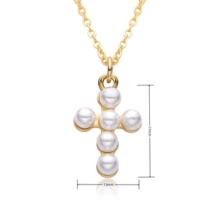 Detailed view of gold cross necklace with pearls and dimensions 17mm by 13mm