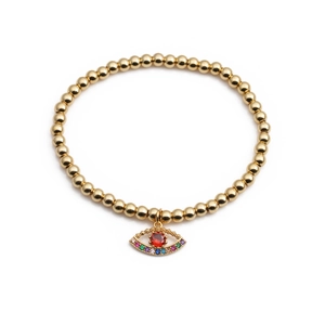 Gold beaded elastic bracelet featuring a colorful cubic zirconia evil eye charm