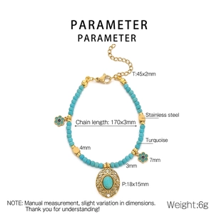 Detailed size parameters of turquoise beaded bracelet with stainless steel flower pendant