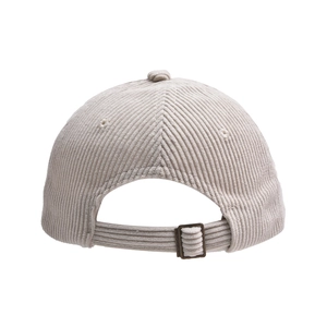 Adjustable beige corduroy baseball cap with metal buckle closure from a back view