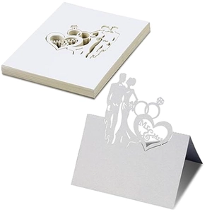 Detailed laser-cut Mr & Mrs wedding place card with white pearlescent paper finish