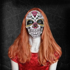 Halloween Day of the Dead sugar skull full face mask with floral patterns and pink diamonds