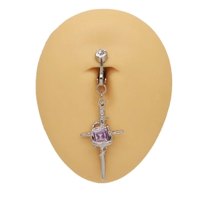Silver belly button ring with cross sword pendant and purple square gemstone
