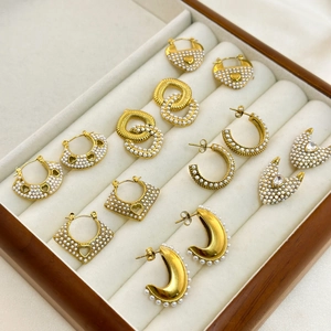 Vintage 18k gold plated pearl earrings collection in a premium wooden display box
