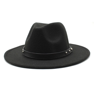 Wide Flat Brim Fedora Hat Cotton Polyester Felt With Leather Band And Silver Rivets Vintage Jazz Style