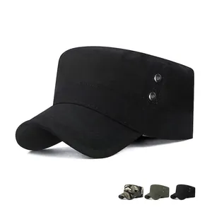 Men Cadet Cap Flat Top Hat Cotton Canvas Army Military Style Adjustable Breathable Metal Eyelets Outdoor Sunshade Casual