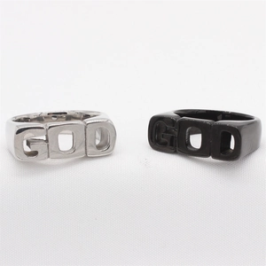 Retro hip-hop style stainless steel rings with GOD hollow lettering in black and silver