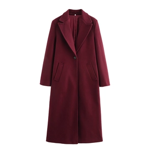 Classic burgundy long wool coat with lapel collar and single breasted button design