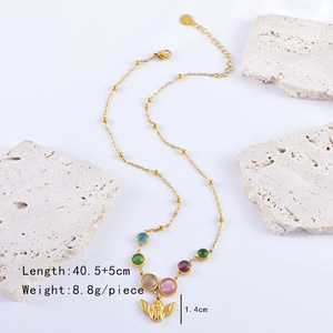 Detail showing golden angel pendant dimensions 1.4cm and colorful opal beads on chain