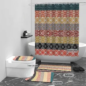 4-piece bohemian bathroom set with tribal geometric patterns in orange and teal colors