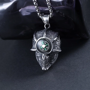 Vintage stainless steel skull necklace with functional compass pendant in silver finish