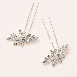 Silver U-shaped hair pins featuring elegant leaf patterns set with clear crystal rhinestones