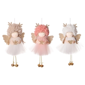 Handmade Christmas angel dolls set in pink, brown, and white with glittery wings