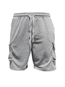 Detail of gray cargo shorts with drawstring elastic waist and side flap pockets
